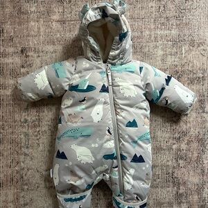 Neutral Polar Bear Print Baby Snowsuit - Hooded One-Piece